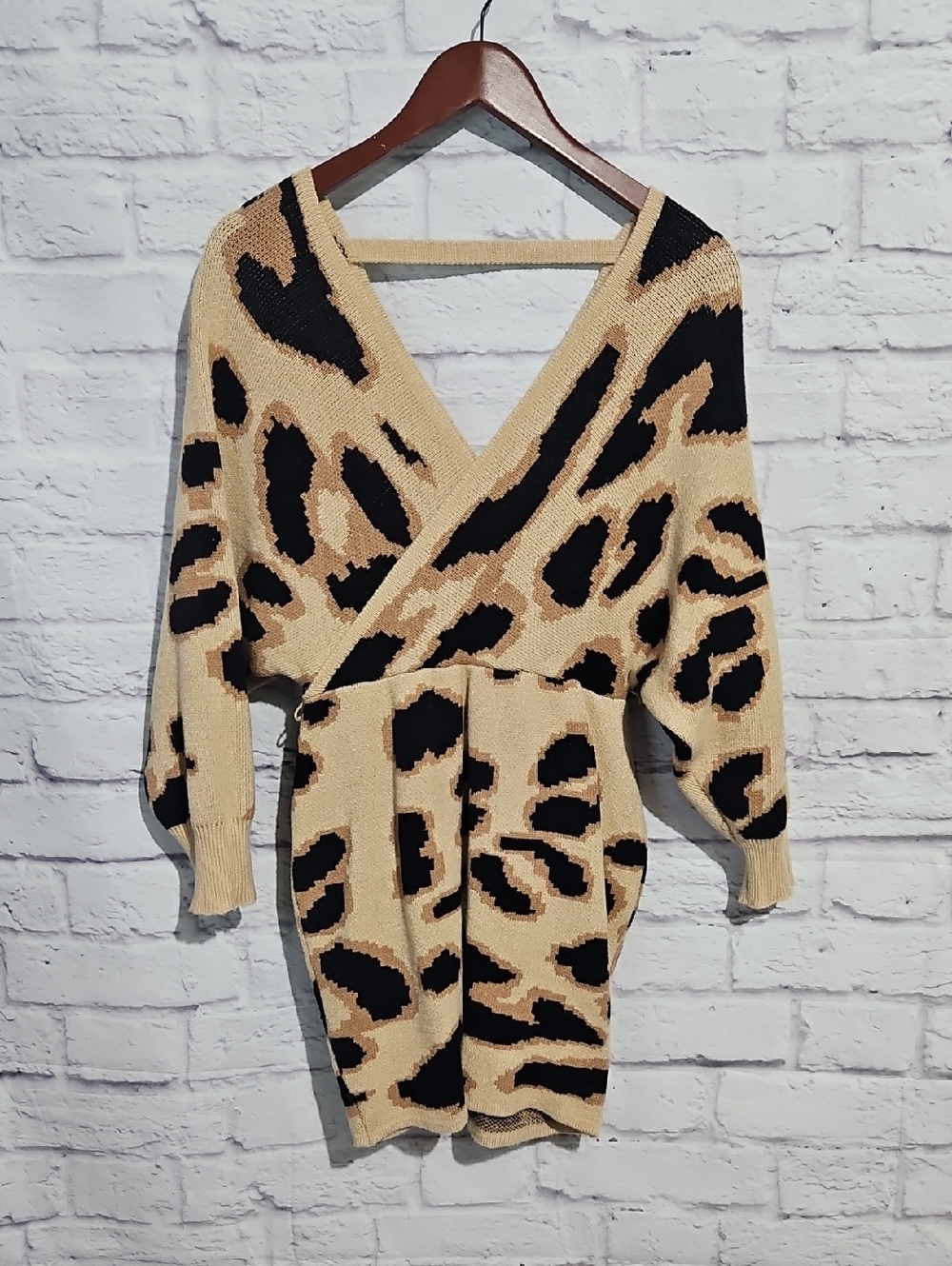 Fashion Nova Beige & Black Leopard Print Wrap Sweater Dress